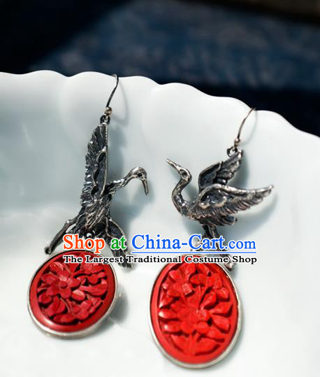 China Handmade Carved Lacquerware Ear Accessories National Earrings Traditional Silver Crane Jewelry