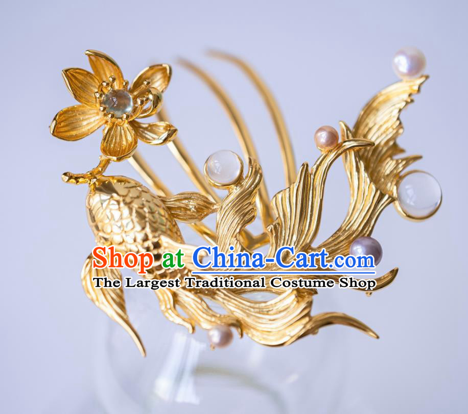 China Ancient Hanfu Gilding Fish Lotus Hair Comb Court Hair Accessories Traditional Ming Dynasty Empress Hairpin