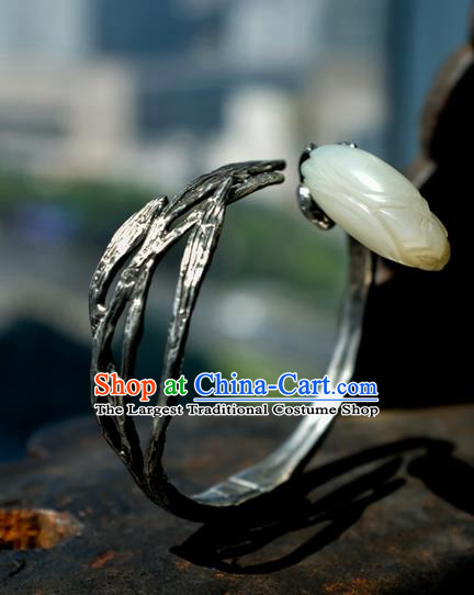 Chinese Traditional White Jade Mangnolia Jewelry Handmade Silver Bracelet Accessories