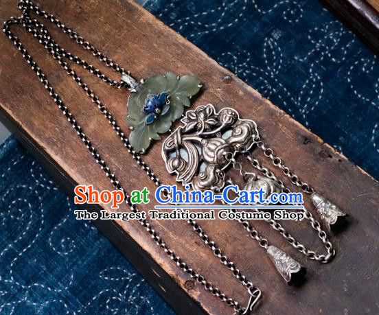 Handmade China Jade Lotus Accessories Traditional Silver Carving Necklace Pendant National Women Jewelry