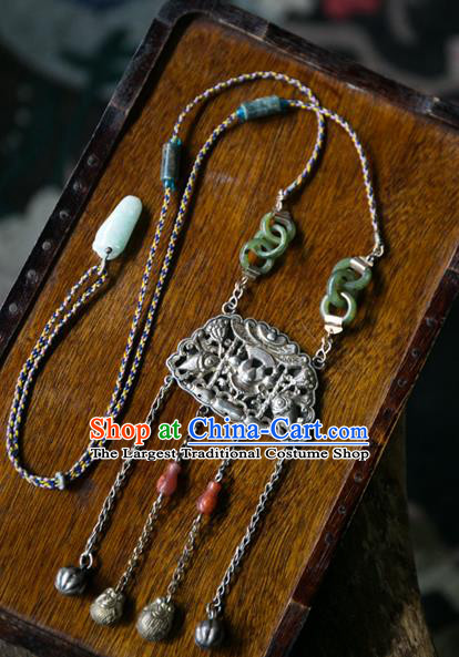 Handmade China Silver Carving Bat Accessories Traditional Necklace Pendant National Women Jade Ring Jewelry