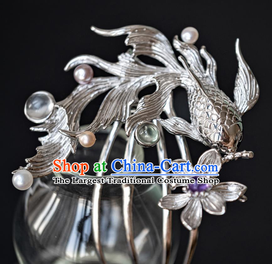 China Ancient Hanfu Argent Fish Lotus Hair Comb Traditional Ming Dynasty Empress Hairpin Court Hair Accessories