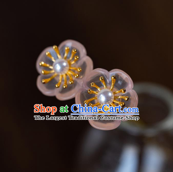 China Traditional Court Rose Quartz Hair Accessories Ming Dynasty Hanfu Plum Blossom Hair Clip Ancient Princess Hairpin