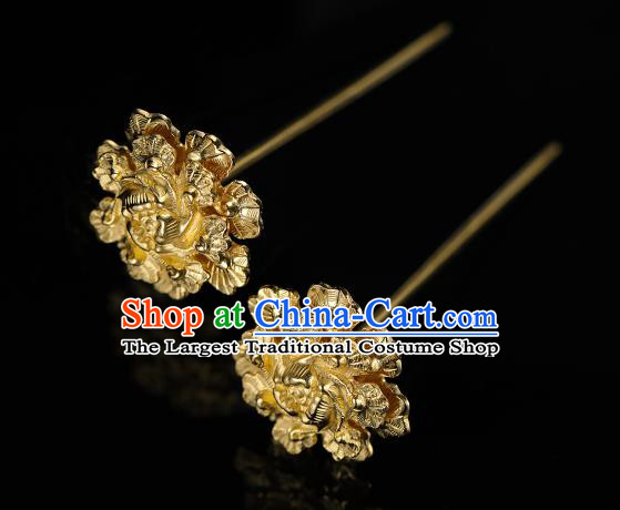 China Traditional Golden Peony Hair Accessories Handmade Ancient Empress Hairpin Ming Dynasty Hanfu Hair Stick for Women