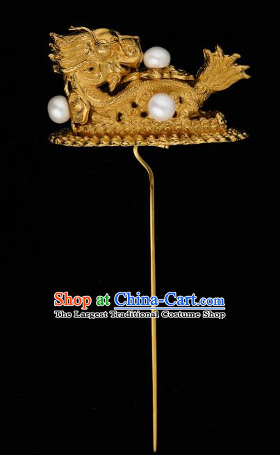 China Traditional Golden Dragon Hair Accessories Handmade Ming Dynasty Hair Stick Ancient Empress Pearls Hairpin for Women