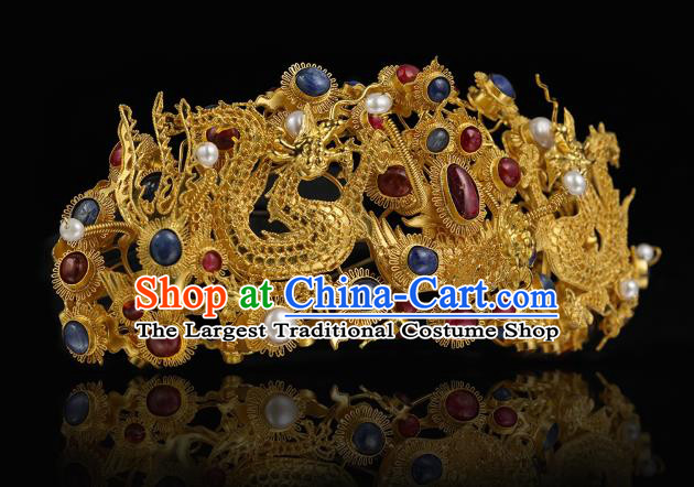 China Traditional Court Hair Accessories Handmade Ming Dynasty Gems Hair Crown Ancient Empress Golden Dragon Hairpin for Women