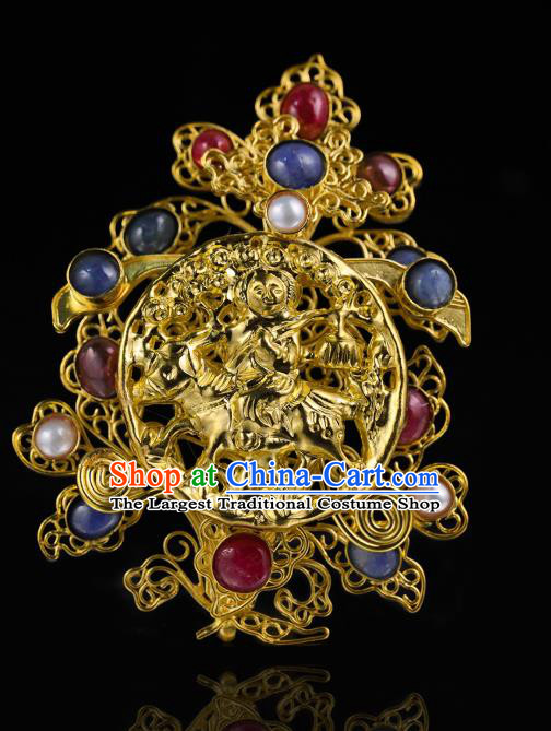 China Traditional Ming Dynasty Golden Hair Crown Ancient Queen Gems Hairpin Handmade Filigree Hair Accessories for Women