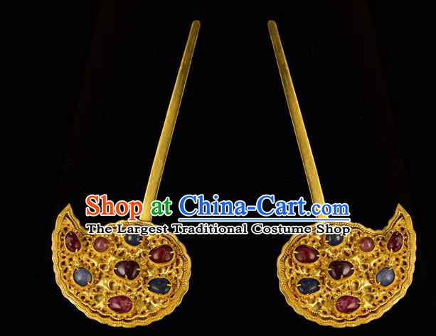 China Traditional Ming Dynasty Gems Hair Crown Handmade Hair Accessories Ancient Queen Golden Hairpin for Women