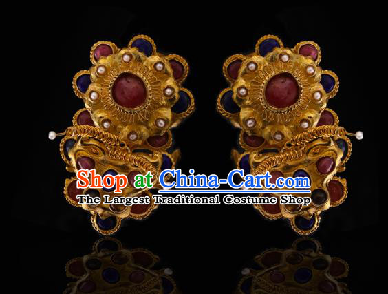 China Traditional Ming Dynasty Gems Butterfly Hairpin Handmade Hair Accessories Ancient Queen Golden Hair Sticks