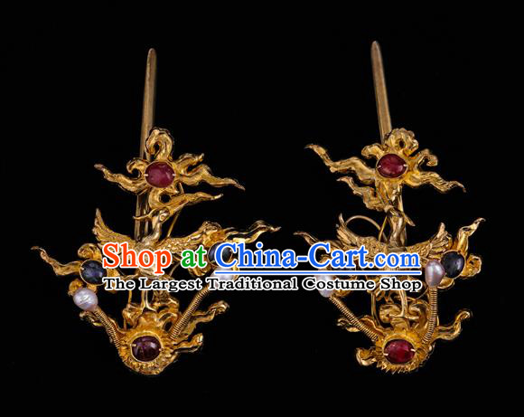 Handmade Chinese Ming Dynasty Court Ear Accessories Traditional Ancient Empress Golden Crane Earrings Gems Jewelry