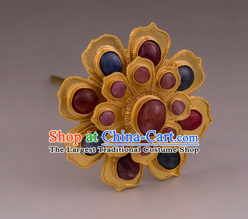 China Ancient Hanfu Gems Hair Stick Handmade Hair Accessories Traditional Ming Dynasty Court Empress Golden Hairpin