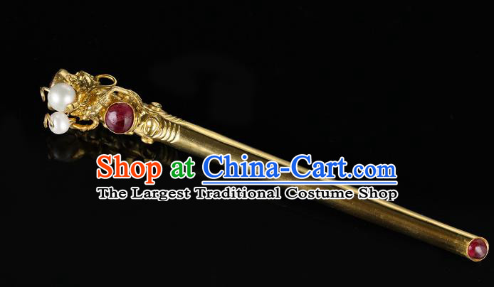 China Ancient Queen Hanfu Gems Hair Stick Handmade Hair Accessories Traditional Ming Dynasty Court Empress Golden Hairpin