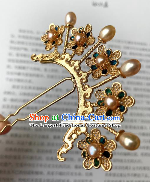 China Ancient Hanfu Hairpin Handmade Hair Accessories Traditional Ming Dynasty Princess Pearls Plum Hair Stick