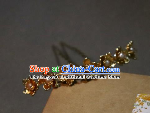 China Ancient Princess Golden Plum Hairpin Handmade Hair Accessories Traditional Ming Dynasty Pearls Hair Clip