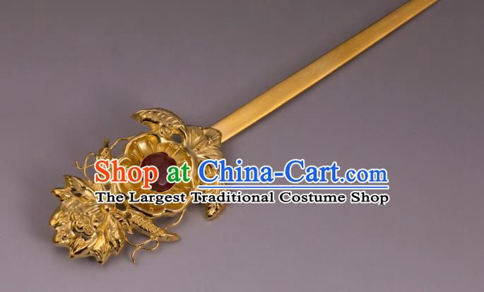 China Ancient Queen Golden Lotus Hairpin Handmade Hair Accessories Traditional Ming Dynasty Court Plum Blossom Hair Stick