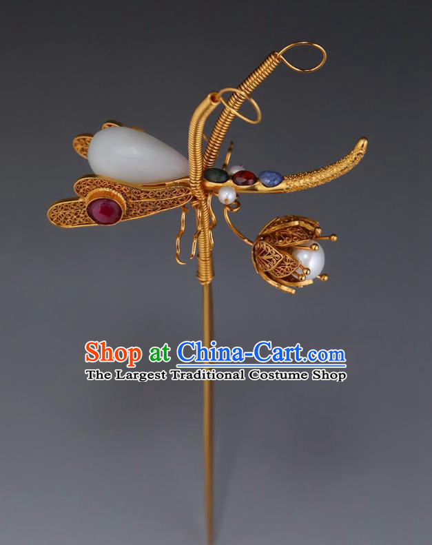 China Ancient Princess White Jade Hairpin Handmade Hair Accessories Traditional Ming Dynasty Gems Dragonfly Hair Stick