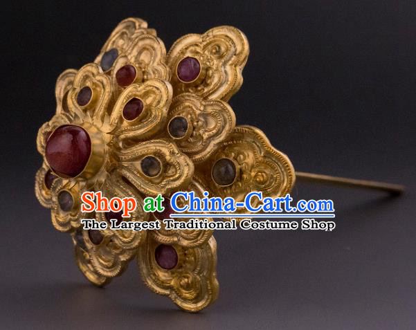 China Ancient Empress Gems Hairpin Handmade Hair Accessories Traditional Ming Dynasty Court Golden Hair Crown