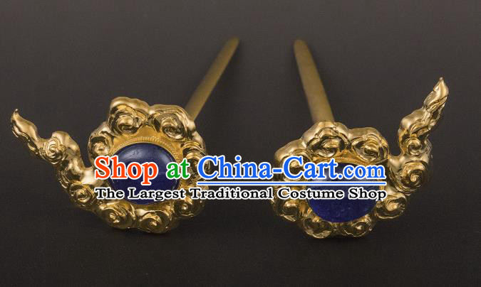 China Ancient Queen Golden Cloud Hairpin Handmade Hair Accessories Traditional Ming Dynasty Lapis Hair Stick