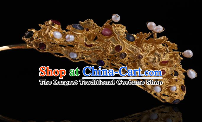 China Ancient Queen Golden Dragon Hair Stick Handmade Hair Accessories Traditional Ming Dynasty Filigree Hairpin