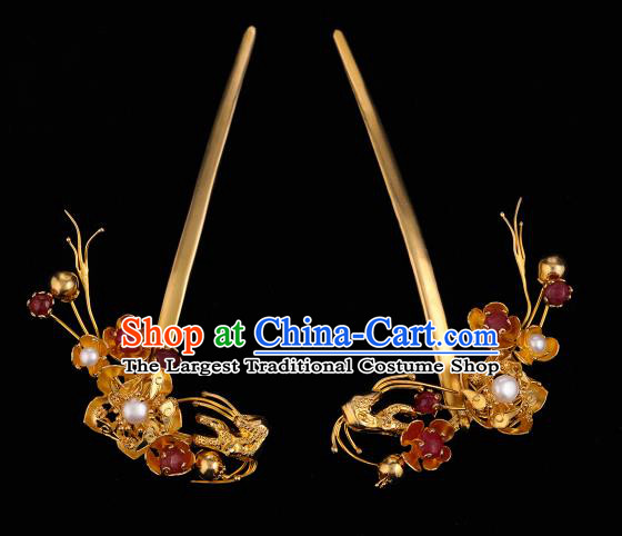 China Ancient Court Empress Golden Plum Hair Stick Handmade Hair Accessories Traditional Ming Dynasty Pearls Hairpin