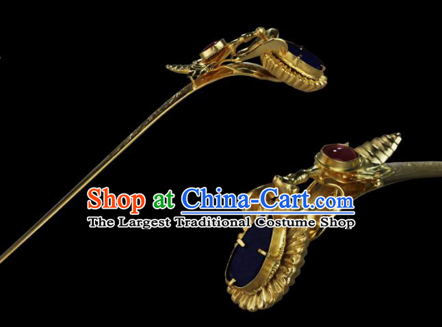 China Ancient Hanfu Golden Hair Stick Handmade Hair Accessories Traditional Ming Dynasty Court Gem Hairpin