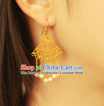 Handmade Chinese Fan Shape Ear Accessories Traditional Ancient Imperial Consort Golden Earrings Jewelry