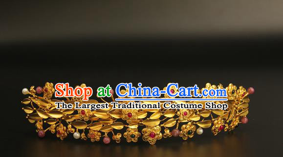 China Ancient Imperial Consort Hairpin Handmade Hair Accessories Traditional Ming Dynasty Golden Flowers Hair Crown