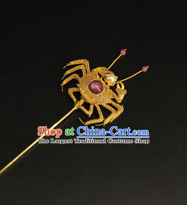 China Ancient Queen Filigree Hair Stick Handmade Hair Accessories Traditional Ming Dynasty Golden Crab Hairpin