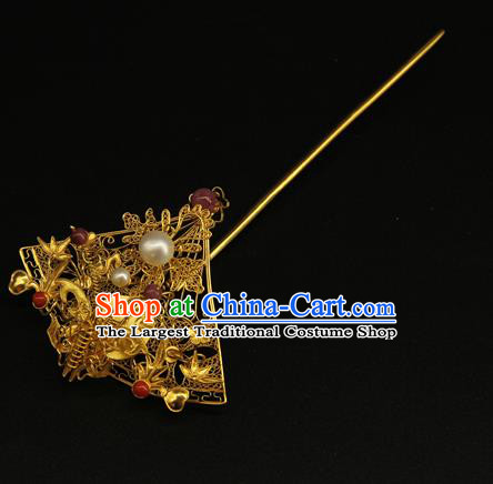 China Ancient Gilding Fan Hairpin Handmade Hair Accessories Traditional Ming Dynasty Golden Butterfly Hair Stick