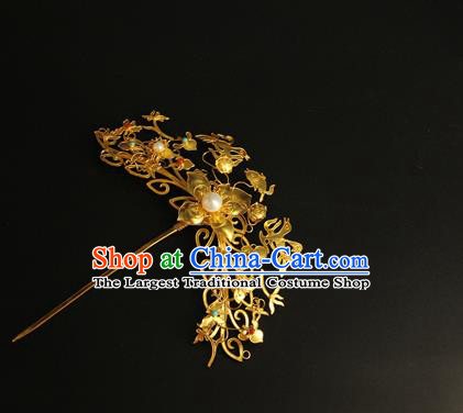 China Ancient Court Hairpin Handmade Hair Accessories Traditional Ming Dynasty Golden Flowers Bird Hair Stick