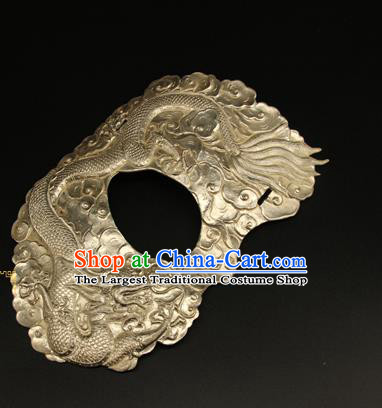 China Ancient Swordsman Argent Half Face Mack Handmade Carving Dragon Mask Accessorie