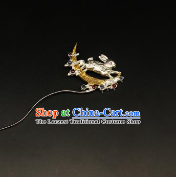 China Ancient Empress Hairpin Handmade Tang Dynasty Hair Accessories Traditional Court Silver Rabbit Moon Hair Stick