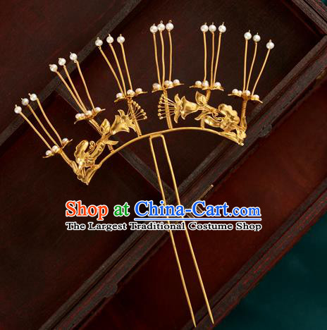 China Handmade Pearls Hair Clip Ancient Imperial Consort Golden Hairpin Traditional Ming Dynasty Hair Accessories