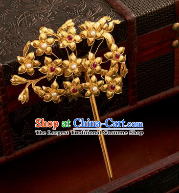 China Ancient Imperial Empress Hairpin Traditional Ming Dynasty Hair Accessories Handmade Golden Flowers Hair Clip