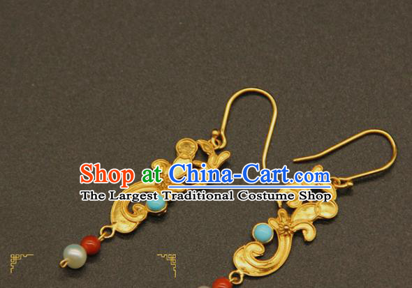 Handmade Chinese Ming Dynasty Hanfu Jewelry Accessories Traditional Ancient Imperial Consort Golden Earrings