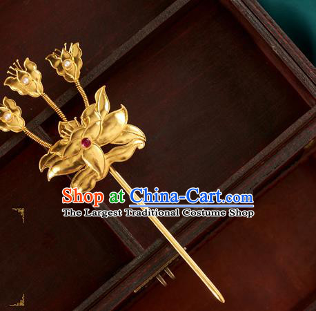 China Ancient Empress Golden Lotus Hairpin Traditional Ming Dynasty Hair Accessories Handmade Gems Hair Clip