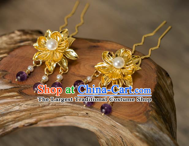 China Tang Dynasty Lotus Hair Stick Traditional Ancient Empress Golden Hairpin Hair Accessories