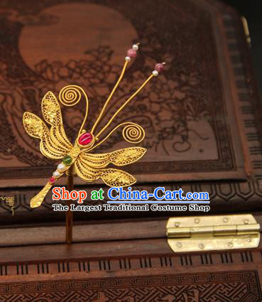 China Handmade Hair Stick Traditional Ming Dynasty Palace Hair Accessories Ancient Empress Golden Dragonfly Hairpin