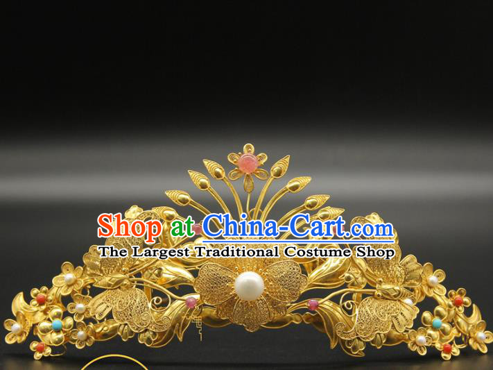 China Ancient Court Hair Accessories Traditional Handmade Hairpin Ming Dynasty Golden Hair Crown