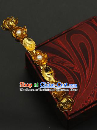 China Traditional Handmade Pearls Hairpin Ming Dynasty Golden Flowers Hair Stick Ancient Court Hair Accessories