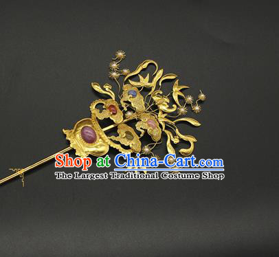 China Ming Dynasty Hair Stick Ancient Court Hair Accessories Traditional Handmade Golden Flowers Hairpin