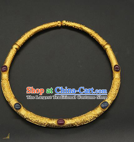 China Ancient Palace Woman Gems Necklace Jewelry Handmade Qing Dynasty Imperial Consort Golden Necklet