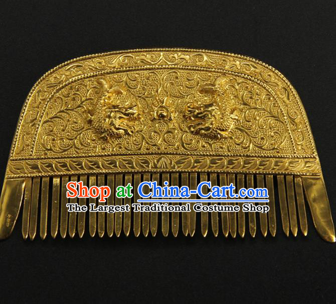 China Traditional Tang Dynasty Carving Dragon Golden Hair Comb Handmade Court Hairpin Ancient Empress Hair Accessories