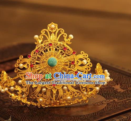 China Handmade Wedding Golden Hair Crown Ancient Queen Hairpin Traditional Ming Dynasty Hair Accessories