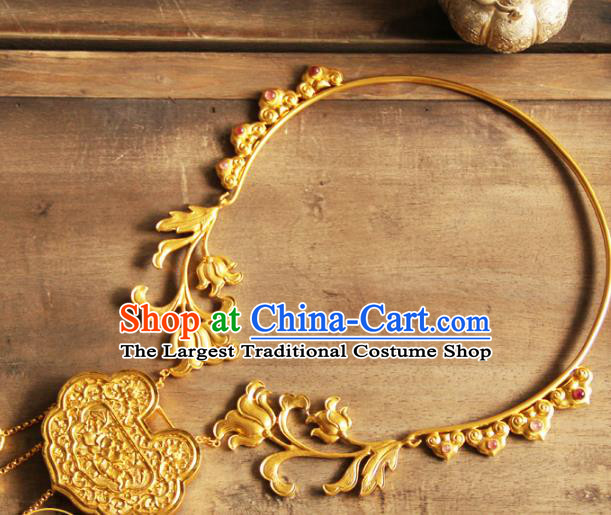 China Handmade Ming Dynasty Golden Necklace Ancient Wedding Longevity Lock