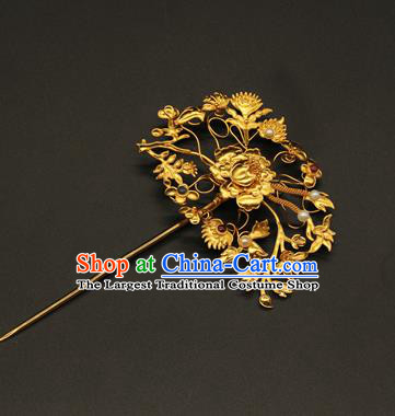 China Traditional Qing Dynasty Court Hair Accessories Handmade Golden Peony Hair Stick Ancient Imperial Empress Hairpin