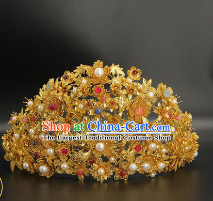 China Traditional Ming Dynasty Wedding Hair Accessories Handmade Golden Hairpin Ancient Empress Pearls Flower Hair Crown