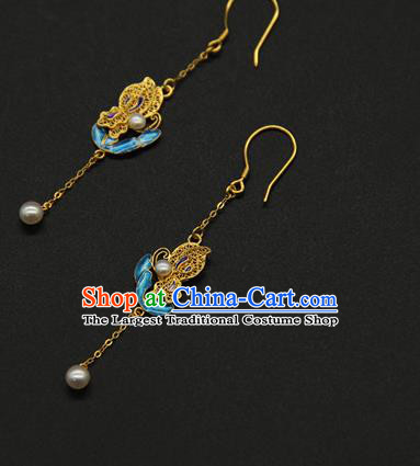 Handmade Chinese Traditional Qing Dynasty Court Ear Jewelry Ancient Imperial Consort Earrings Blueing Accessories