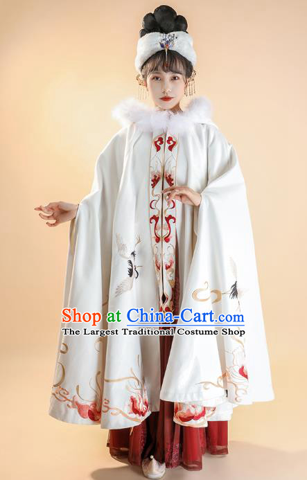 China Ming Dynasty Princess Embroidered White Cloak Ancient Noble Woman Historical Clothing Traditional Hanfu Cape