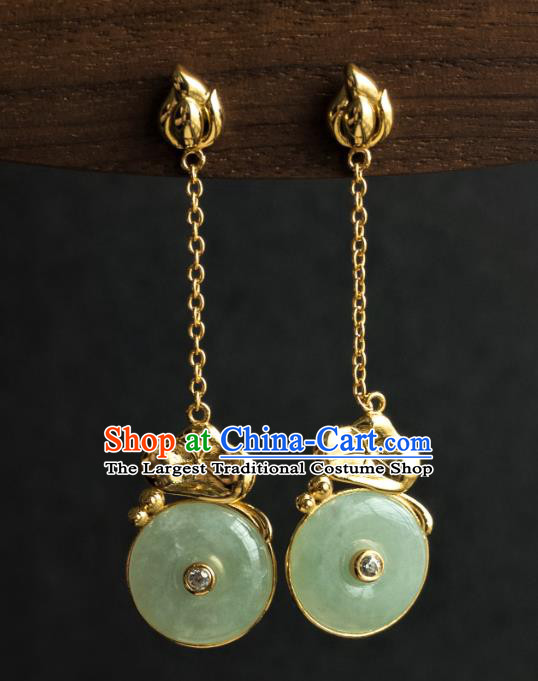 China Ancient Court Lady Jade Ear Jewelry Traditional Ming Dynasty Imperial Concubine Lotus Leaf Earrings